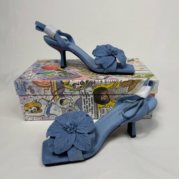 New Jeffrey Campbel Essence Kitten Heels Blue Suede Floral Anthro Womens - Picture 4 of 16